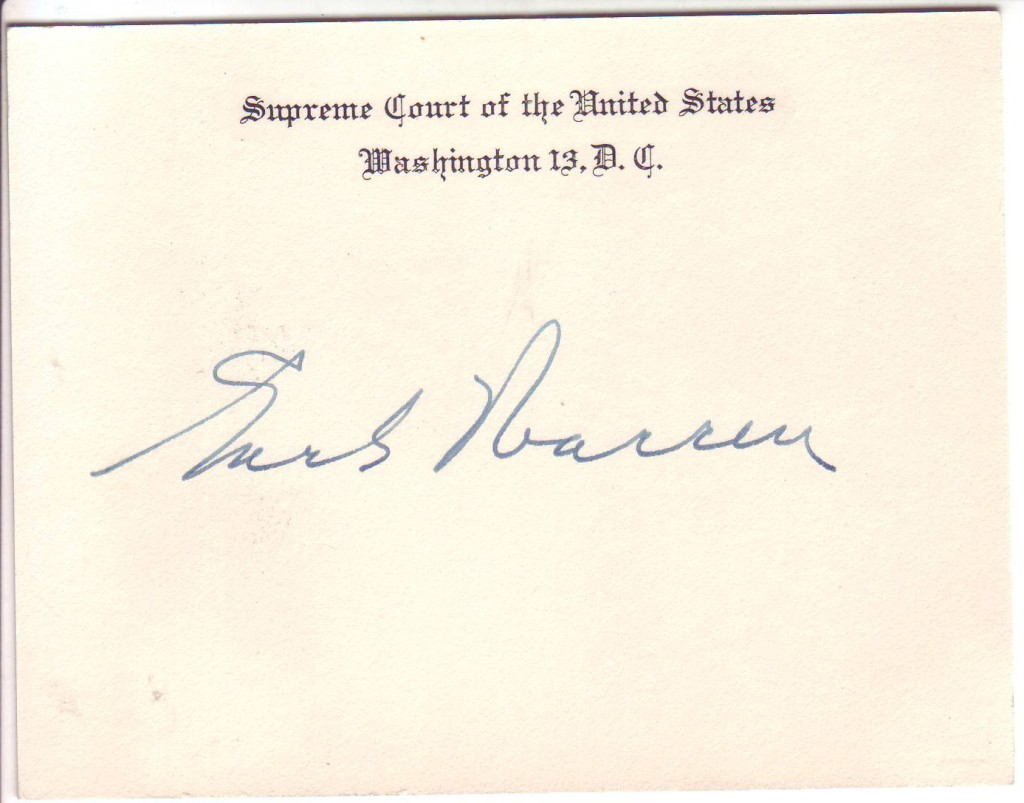 (SUPREME COURT.) WARREN, EARL. Signature, on a Supreme Court card.